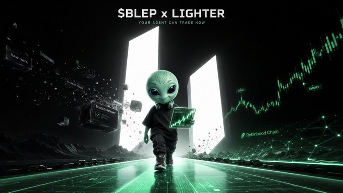 A promotional image for '$BLEP x LIGHTER' with the tagline 'YOUR AGENT CAN TRADE NOW', featuring a small alien character holding a tablet displaying a trading chart.