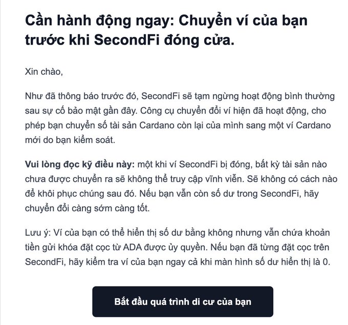 A Vietnamese-language urgent notice from SecondFi instructing users to transfer their Cardano funds to a new wallet before the platform closes due to a recent security incident.