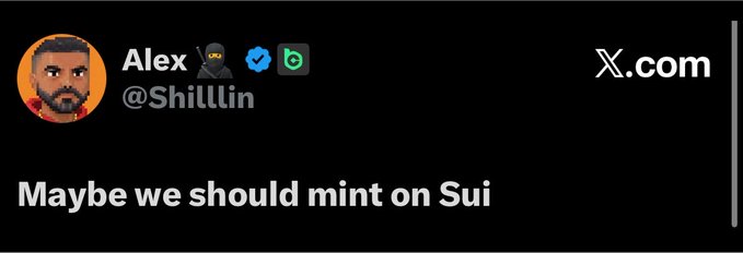 A tweet screenshot from X.com by user Alex @Shilllin reading 'Maybe we should mint on Sui'.
