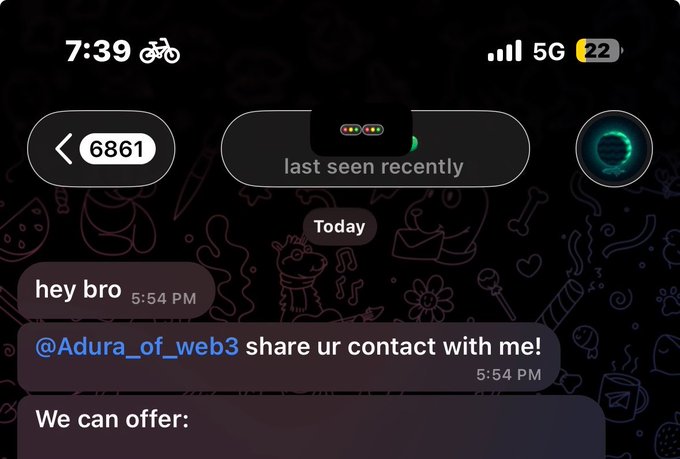 A smartphone screenshot at 7:39 displays a chat conversation where a user with number 6861 messages 'hey bro' and requests contact sharing with '@Adura_of_web3'.