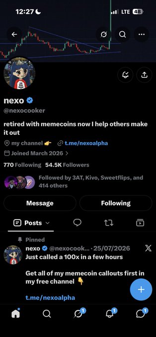 A screenshot of an X/Twitter profile for 'nexo' (@nexocooker), with bio text 'retired with memecoins now i help others make it out', joined March 2026, showing 54.5K followers and a pinned post about a 100x callout.