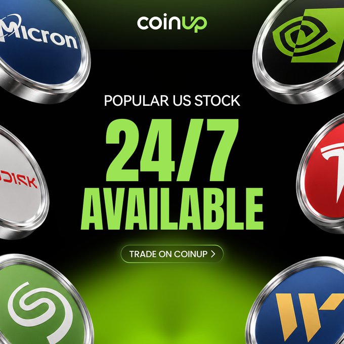 An advertisement for 'coinup' featuring a '24/7 AVAILABLE' message for 'POPULAR US STOCK' trading, surrounded by metallic badges with logos including Micron, NVIDIA, and others.