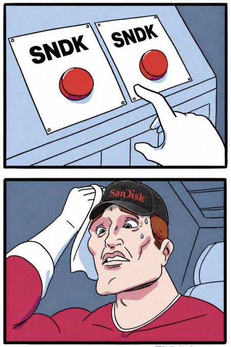 A finger hovers between two identical "SNDK" buttons before pressing the one on the right, cutting to a sweating man in a "SanDisk" cap who realizes both choices lead to the same stock. The meme humorously captures the feeling of going in circles with $SNDK — no matter which direction you choose, you end up right back where you started.