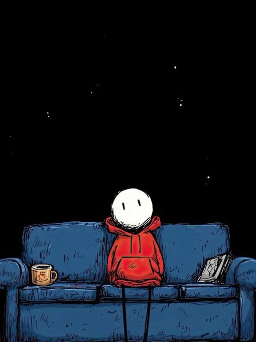 A melancholic illustration of a small figure in a red hoodie sitting alone on a blue couch with a mug beside them, looking up at a starry night sky, evoking a sense of loneliness and quiet reflection.