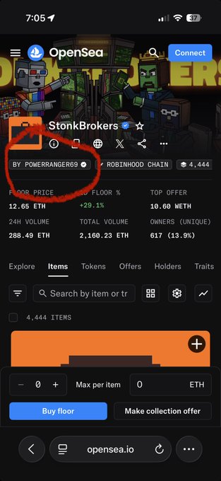 An OpenSea mobile screenshot displaying the 'StonkBrokers' NFT collection page, with the creator 'BY POWERRANGER69' circled in red, showing a floor price of 12.65 ETH and 4,444 items.