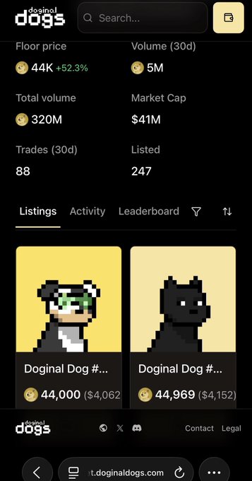 The 'doginal dogs' website displays statistics including a floor price of '44K', volume of '5M', and market cap of '$41M', featuring pixel-art dog NFTs for sale.