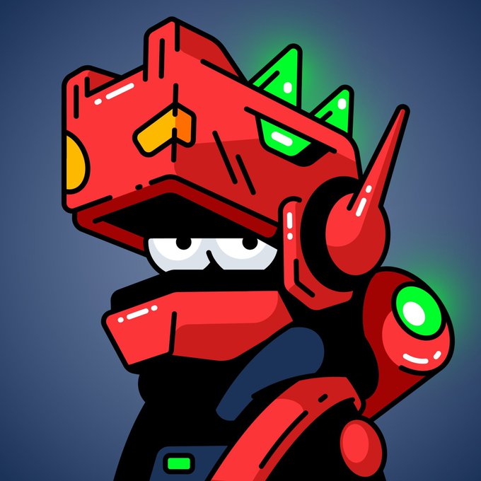 A cartoon illustration of a red robotic mecha with green glowing accents and a fierce expression on a dark blue background.