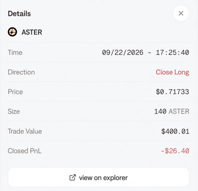 A trading app screenshot showing a closed long position on ASTER at $0.71733, with a trade value of $400.01 and a closed PnL of -$26.40 dated 09/22/2026.