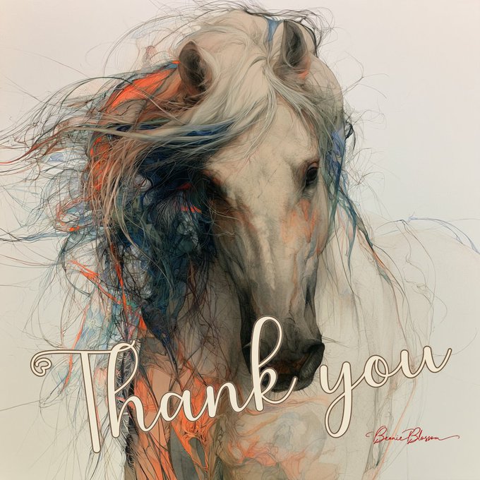 An artistic illustration of a white horse's head with a flowing mane rendered in orange, blue, and red strokes, overlaid with the text "Thank you" and signed "Bennie Berson" in the bottom right corner.