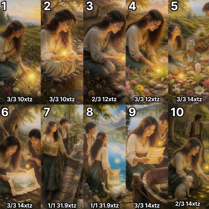 A grid of ten fantasy illustrations, numbered 1 through 10, shows scenes of a woman interacting with glowing lights and nature; each panel includes the text "3/3 10xtz" or similar formats like "2/3 12xtz" and "1/1 31.9xtz".