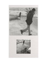 A black and white photo shows a person walking away from the camera across a paved area, with a chair in the background. A smaller inset photo at the bottom shows a similar scene.