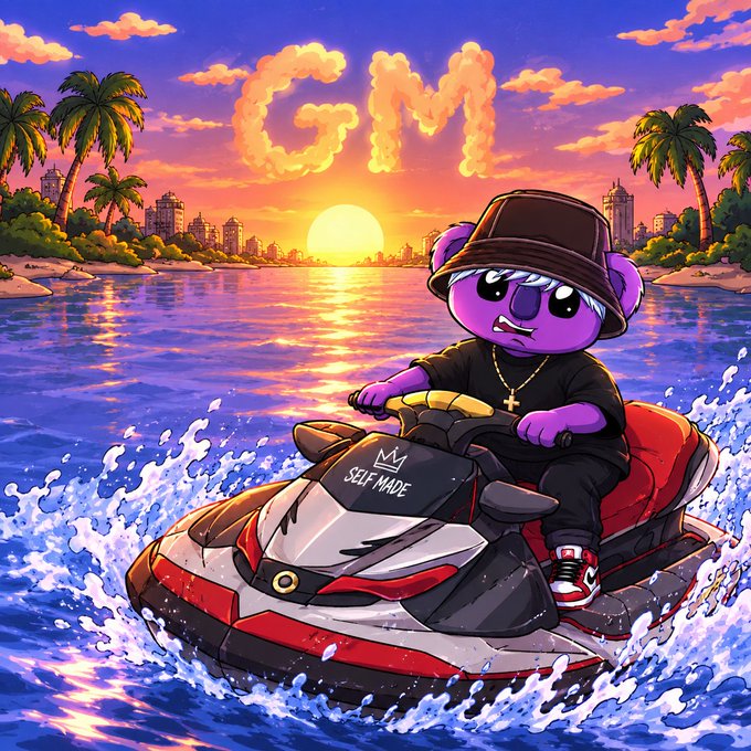An illustrated digital artwork shows a purple koala character wearing a bucket hat and cross necklace riding a red and white jet ski labeled 'SELF MADE', with the text 'GM' formed by clouds at sunset.
