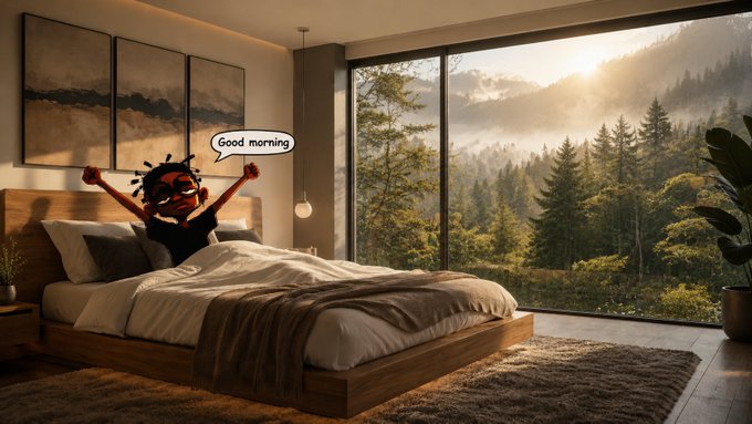 A modern bedroom with a large window overlooking a misty forest at sunrise, featuring an illustrated character with a 'Good morning' speech bubble stretching in bed.