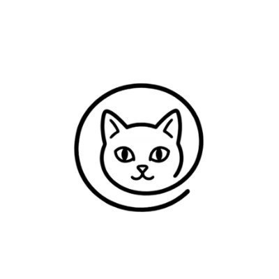 A simple black line drawing of a cat's face inside a circle on a white background, resembling a cryptocurrency logo.