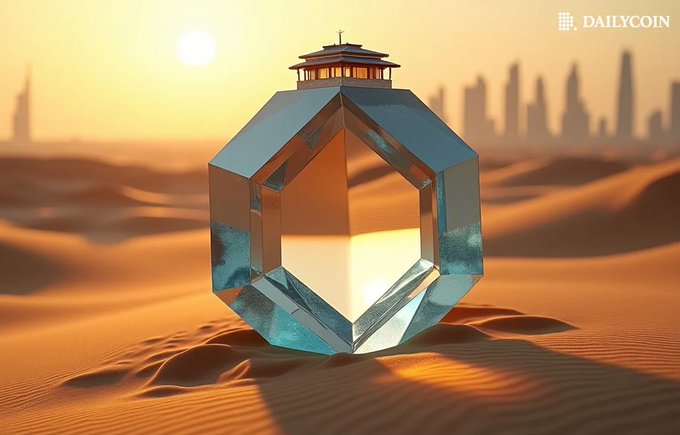 A hexagonal crystalline structure topped with a building sits on a vast desert landscape with a city skyline in the distance, visually symbolizing the XRPL blockchain's integration with Dubai's real estate infrastructure. The "DAILYCOIN" logo appears in the upper right corner, tying the imagery to the article's announcement of Dubai Land Department recording property deeds live on the XRP Ledger.