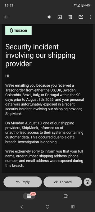 An email screenshot from Trezor notifying the recipient of a security incident involving their shipping provider, ShipMonk, which exposed customer personal data including name, order number, shipping address, phone, and email address.