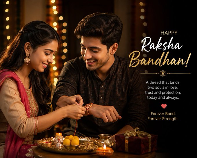 A festive greeting card titled 'Happy Raksha Bandhan!' showing a young Indian woman tying a rakhi on her brother's wrist during the celebration, with the text: 'A thread that binds two souls in love, trust and protection, today and always. Forever Bond. Forever Strength.'