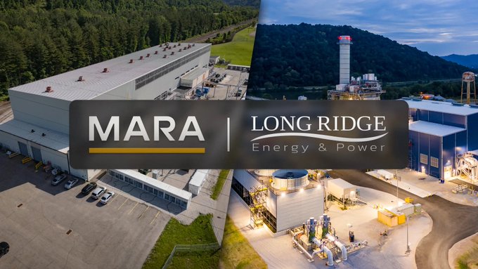 A promotional graphic featuring the logos "MARA" and "LONG RIDGE Energy & Power" overlaid on aerial images of industrial facilities and power plants in wooded areas.