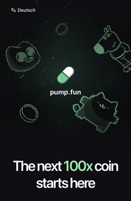 A dark promotional graphic for 'pump.fun' featuring cartoon characters and a pill icon, with the tagline 'The next 100x coin starts here.'