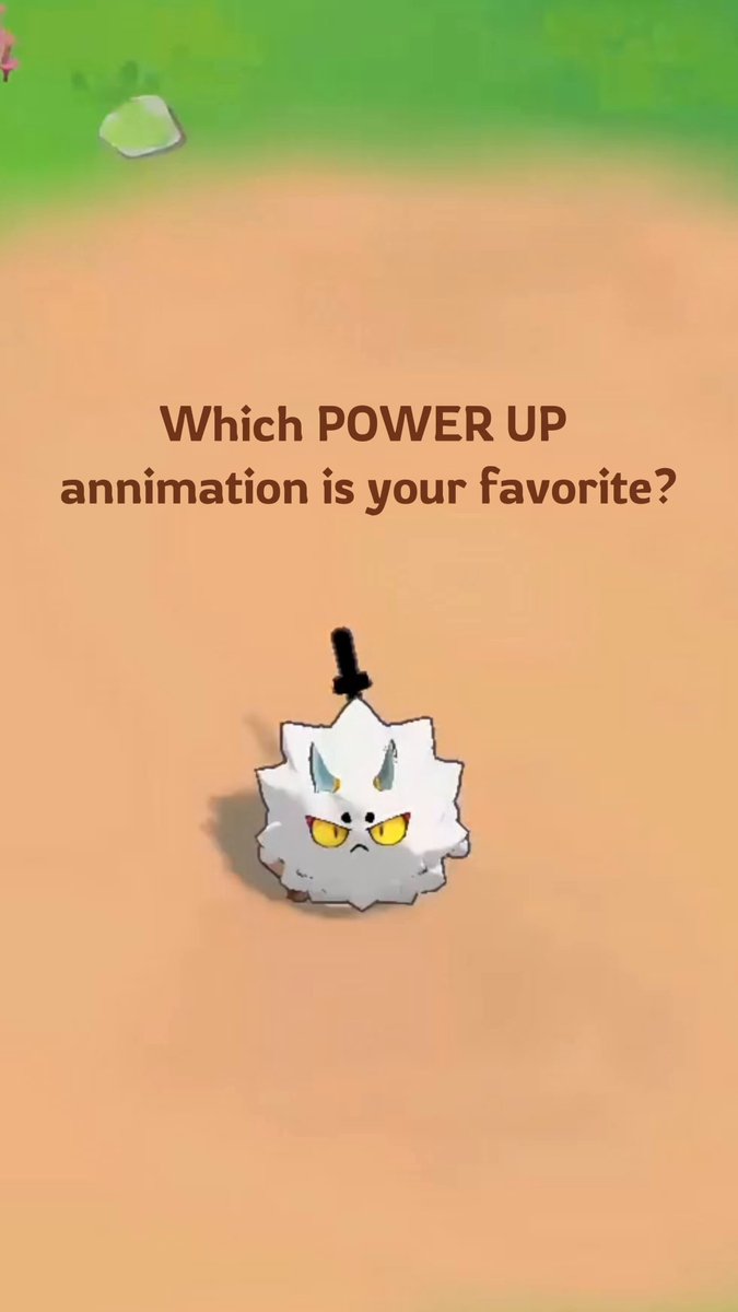 The image shows a small white cartoon cat sitting on top of a brown surface, with text above and below it that reads "which power up animation is your favorite?" and "What does each one actually do?". The focus of this image seems to be on comparing different power-up characters in an animated game.