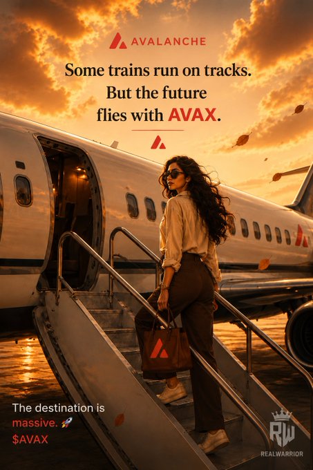 A promotional image for the cryptocurrency 'AVAX' (Avalanche) features a woman descending the stairs of a private jet at sunset, with the text 'Some trains run on tracks. But the future flies with AVAX' and a 'REALWARRIOR' logo.