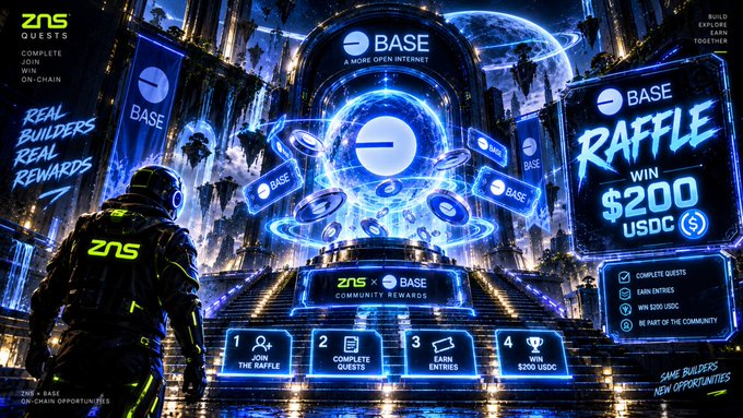 A promotional graphic for a ZNS x Base raffle featuring cyberpunk-themed artwork, an astronaut character, and text advertising a chance to 'WIN $200 USDC' by joining the raffle, earning entries, and being part of the community.