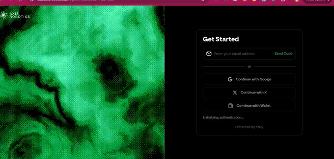 A "Get Started" login page for Axis Robotics is displayed, featuring a green swirling graphic on the left and authentication options on the right—including email sign-in with "Send Code," plus "Continue with Google," "Continue with X," and "Continue with Wallet" buttons. The image corresponds to the first step of the guide, showing the account creation entry point for accessing the Axis Robotics point system airdrop.
