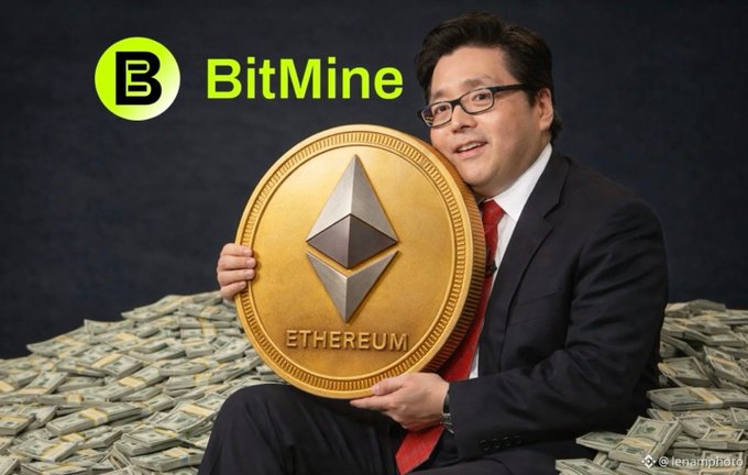 Tom Lee sits atop a pile of cash holding a large Ethereum coin, with the "BitMine" logo displayed above him, visually representing the post's celebration of him as a crypto "idol" whose massive ETH holdings cushion losses for fellow investors eyeing a $5K target.