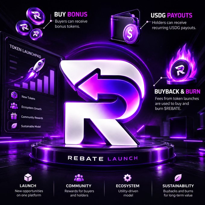 A neon purple promotional graphic for a crypto token launch features a large metallic “R” logo and text including “BUY BONUS,” “USDG PAYOUTS,” “BUYBACK & BURN,” “TOKEN LAUNCHPAD,” and “REBATE LAUNCH,” with bottom categories labeled “LAUNCH,” “COMMUNITY,” “ECOSYSTEM,” and “SUSTAINABILITY.”
