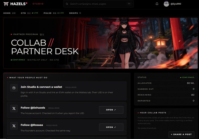 A screenshot of the 'HAZELS STUDIO' platform showing a 'COLLAB // PARTNER DESK' with anime artwork and task requirements like 'Join Studio & connect a wallet', 'Follow @0xhazels', and 'Follow @Rosaaa'.