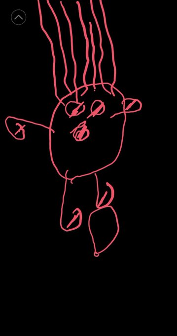 A crude pink digital doodle on a black background depicting a simple cartoon figure with multiple wavy lines extending from the top of its head like hair or steam.