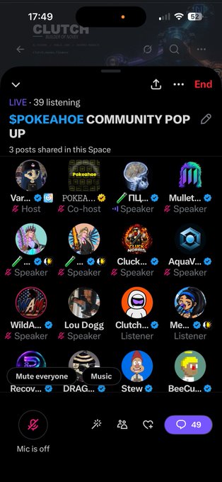 A screenshot of a live audio social media space titled 'SPOKEAHOE COMMUNITY POP UP' on the Clutch app, showing 39 listening, with various speakers and listeners visible including hosts 'POKEA...' and 'Clutch...'.