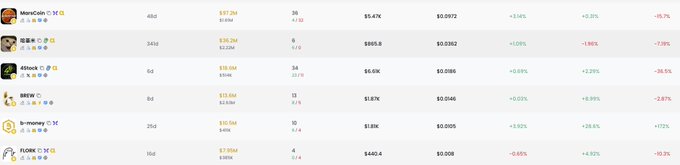 A cryptocurrency market overview displays several meme coins including MemeCoin, FLOKI, 4TOKE, BREW, and bi-money, with market caps ranging from $23.5M (MemeCoin) down to $440.4K (FLOKI), showing mixed 24-hour performance with FLOKI notably down 65% while bi-money leads with +172.8% gains.