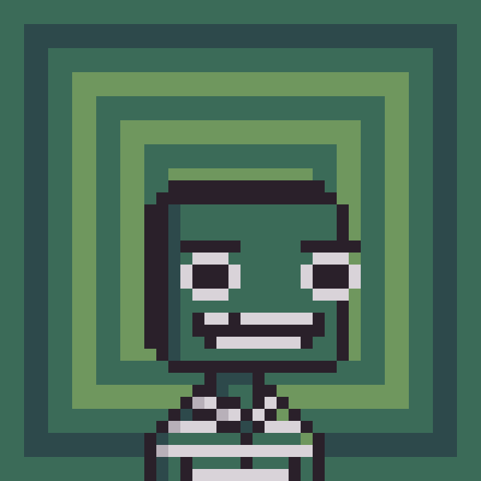 A pixel art illustration of a green square-shaped character with a smile against concentric green square backgrounds.