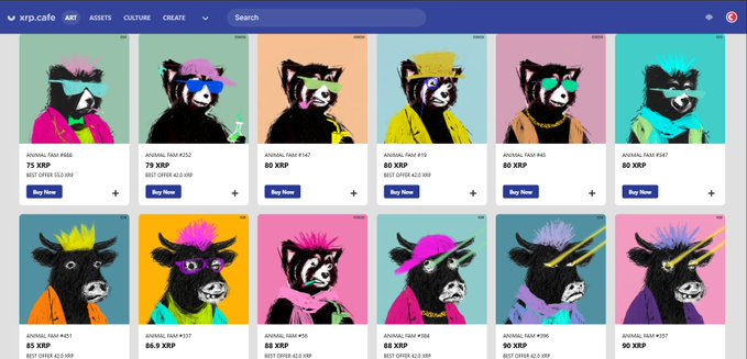 A screenshot of the XRP Cafe NFT marketplace displaying a collection of colorful pop-art style animal portraits (cows and bears) listed at various XRP prices, with visible tabs for 'ART', 'ASSETS', 'CULTURE', and 'CREATE'.