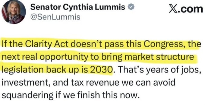 Senator Cynthia Lummis (@SenLummis) posted on X.com warning that if the Clarity Act fails this Congress, the next real opportunity for crypto market-structure legislation won't come until 2030, urging lawmakers to act now to avoid losing years of jobs, investment, and tax revenue. The image directly supports the accompanying post's message about the urgency of passing crypto legislation without further delay.