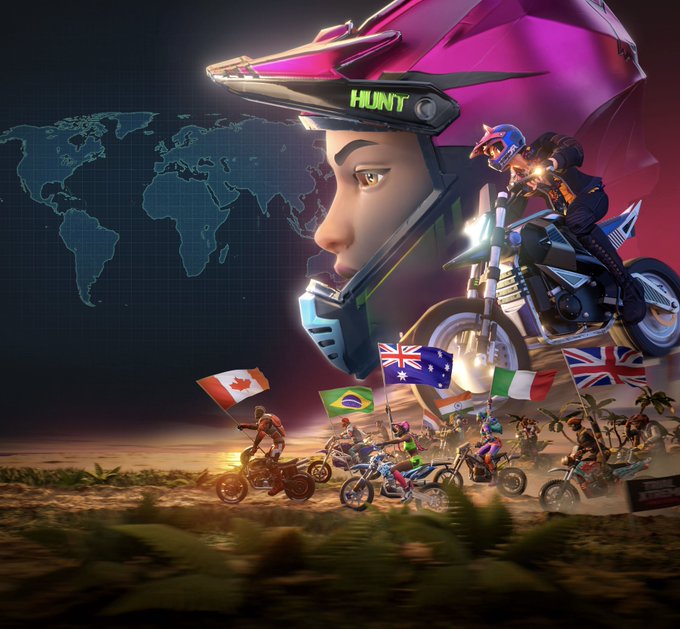 Promotional artwork for a motocross game called 'HUNT,' featuring a stylized rider in a pink helmet in the foreground and multiple international flags (Canada, Brazil, Australia, Italy, UK) behind a line of racers, with a world map in the background.