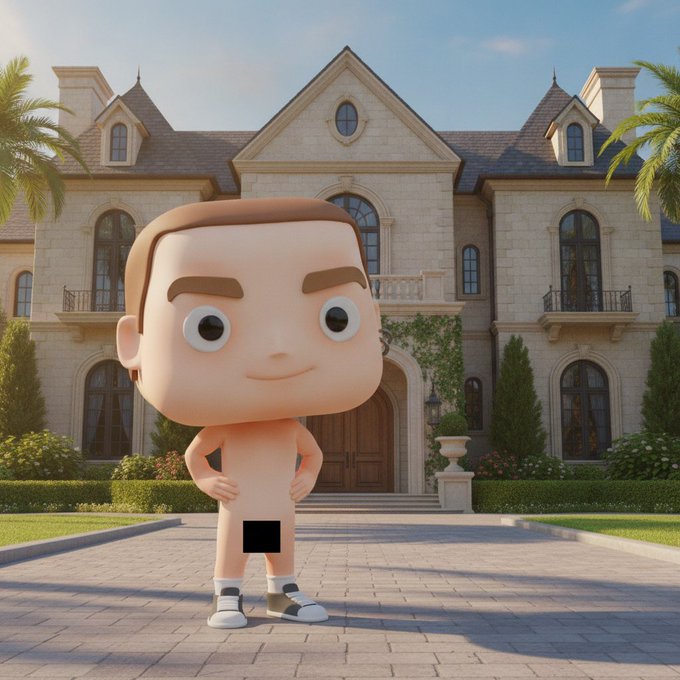 This image depicts a cartoon character standing in front of a large mansion, humorously representing the "Real Estate" theme for a meme contest offering prizes in $JIM.