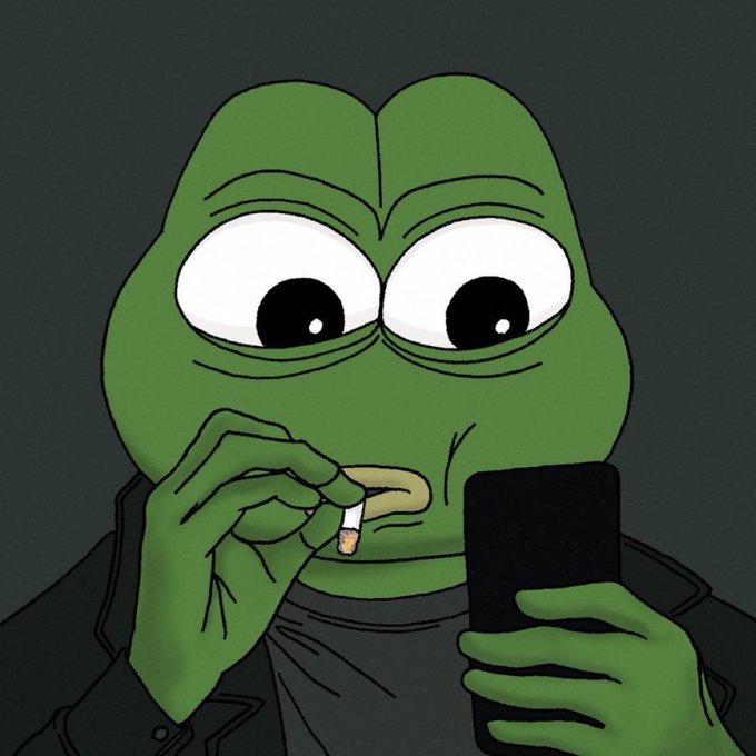 A digital illustration of a green Pepe-style frog character wearing a dark jacket, smoking a cigarette, and looking at a black smartphone.