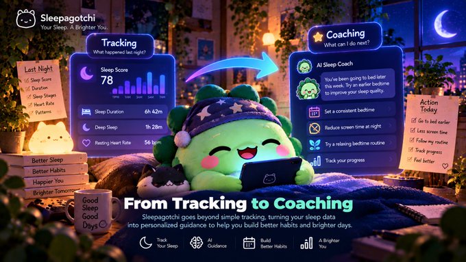 A promotional graphic for the 'Sleepagotchi' app features a cute green cactus character and showcases its tracking and coaching features, including a sleep score of 78 and various tips like 'Set a consistent bedtime.'