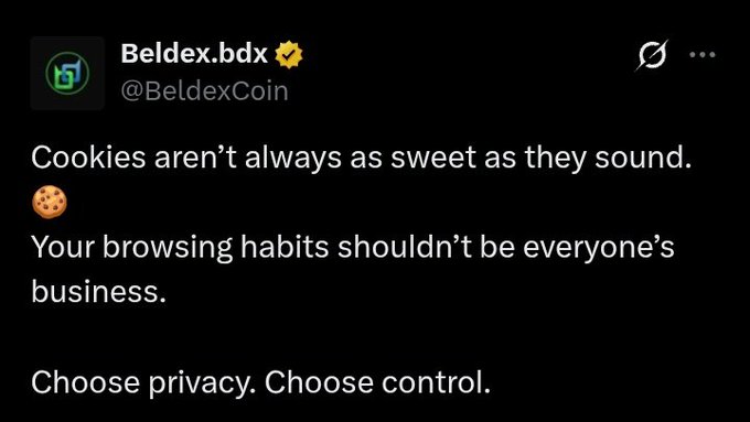 A tweet from 'Beldex.bdx @BeldexCoin' reading 'Cookies aren't always as sweet as they sound. Your browsing habits shouldn't be everyone's business. Choose privacy. Choose control.'