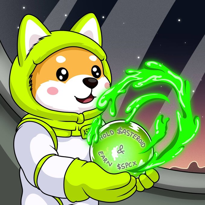 A cartoon Shiba Inu dog wearing a green spacesuit holds a glowing green crystal that reads 'HOLD $ASTEREOID & EARN $SPCX'.