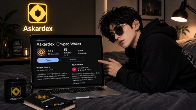 A promotional image for 'Askardex' features a man in sunglasses pointing to a laptop screen displaying an app store listing for 'Askardex: Crypto Wallet' with a 5.0 rating.