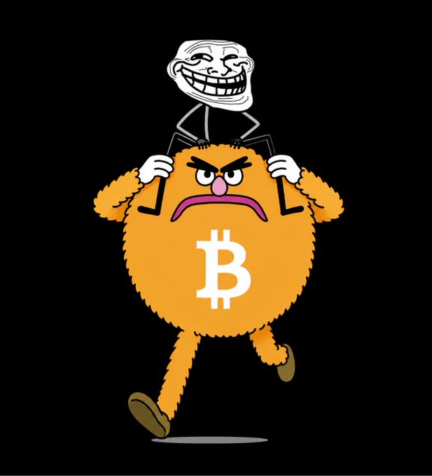A cartoon troll face sits atop an orange furry Bitcoin mascot (featuring the ₿ symbol) who runs with a mischievous expression, visually embodying the post's message that $BTC will $TROLL everyone and teasing the start of the $BTTY meme run.