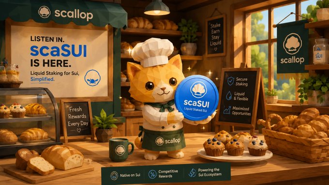 A cartoon orange cat chef wearing a Scallop-branded apron and hat stands in a cozy bakery, proudly holding a large blue token labeled "scaSUI - Liquid Staked SUI," surrounded by pastries, chalkboards advertising features like "Secure Staking," "Liquid & Flexible," and "Maximized Opportunities," and a prominent sign reading "LISTEN IN. scaSUI IS HERE. Liquid Staking for Sui, Simplified." The image ties directly to the post by visually presenting the scaSUI token as a fresh, appealing "product" from the Scallop bakery, reinforcing the message that liquid staking on Sui has launched with collateral-enabled lending benefits.