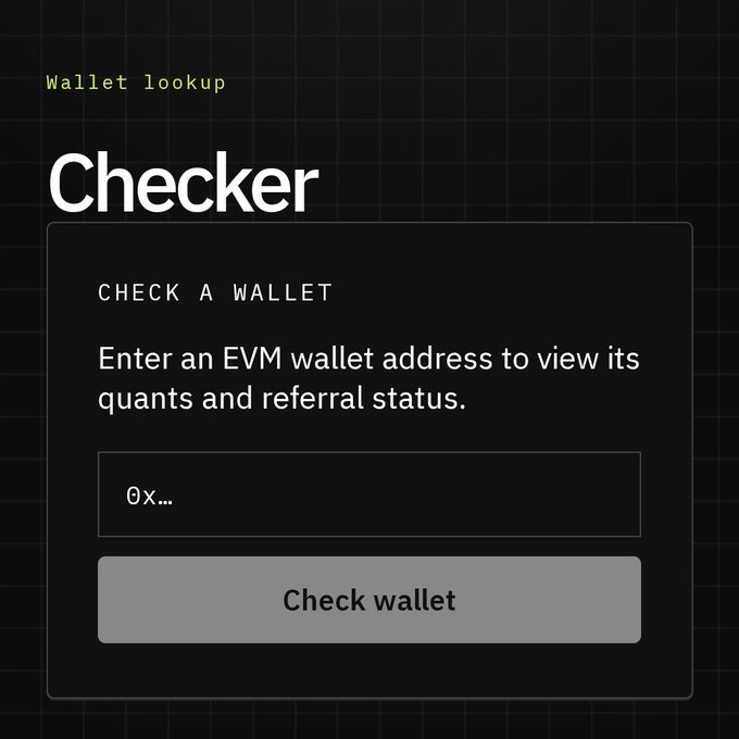 The image shows a "Checker" tool interface for wallet lookup, featuring an input field for entering an EVM wallet address (starting with "0x...") to view $QUANT token quants and referral status, with a "Check wallet" button below. This directly relates to the post by providing users the visual interface to check their $QUANT token airdrop allocation as former Robinhood Testnet users.