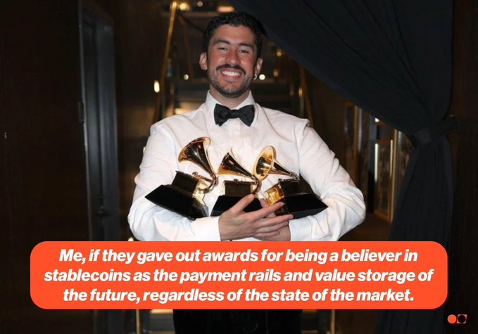 A smiling man in a white tuxedo holds three Grammy awards, with overlay text reading 'Me, if they gave out awards for being a believer in stablecoins as the payment rails and value storage of the future, regardless of the state of the market.'