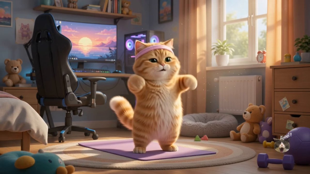 The image features an orange cat standing on its hind legs with its arms raised, as if dancing or doing yoga. The cat appears to be wearing a headband, adding to the playful atmosphere of the scene. In front of the cat, there is a purple mat and a blue ball, suggesting that this might be part of a workout routine for pets. 

The image also includes various objects such as a chair, a TV, a potted plant, teddy bears, books, and a keyboard, which contribute to the overall homey and comfortable setting. The background features a window with curtains, providing natural light that illuminates the room.