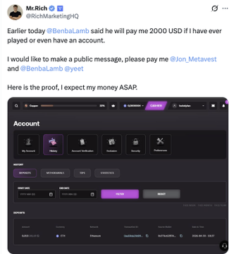 The tweet by Mr.Rich (@RichMarketingHQ) quotes @BenbaiLambi offering to pay $2,000 USD for proof of ever playing or having an account, with @Jon_Metavest and @BenbaiLambi tagged, referencing a Trade Nation account screenshot showing an "active" status. The accompanying post dismisses it as a "larp," suggesting the offer is fake and that no real $4k is actually available from this promotion.
