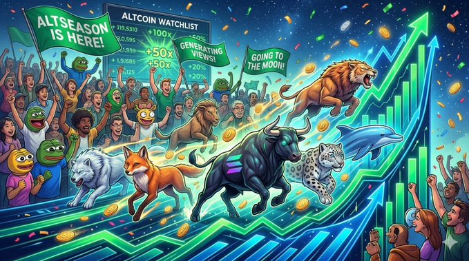 The image is a vibrant, cartoon-style "Altcoin Watchlist" illustration showing excited meme characters cheering alongside animals (a lion, bull, fox, wolf, leopard, and dolphin) rushing up a soaring green chart toward the moon, with signs reading "ALTSEASON IS HERE!," "GENERATING VIEWS!," and "GOING TO THE MOON!" alongside percentage gains like "+100x," "+50x," and "+20%." The post's hashtags (#Altseason, #100xGem, #Solana, #ToTheMoon) align perfectly with the image's bullish altseason celebration, suggesting the poster is asking which token on their watchlist will be the next to deliver explosive returns during this rally.